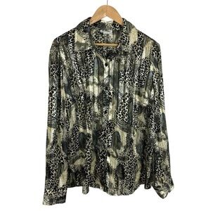 Vintage Animal Print Blouse M Long Sleeve Button Front Satin Look Statement Top
